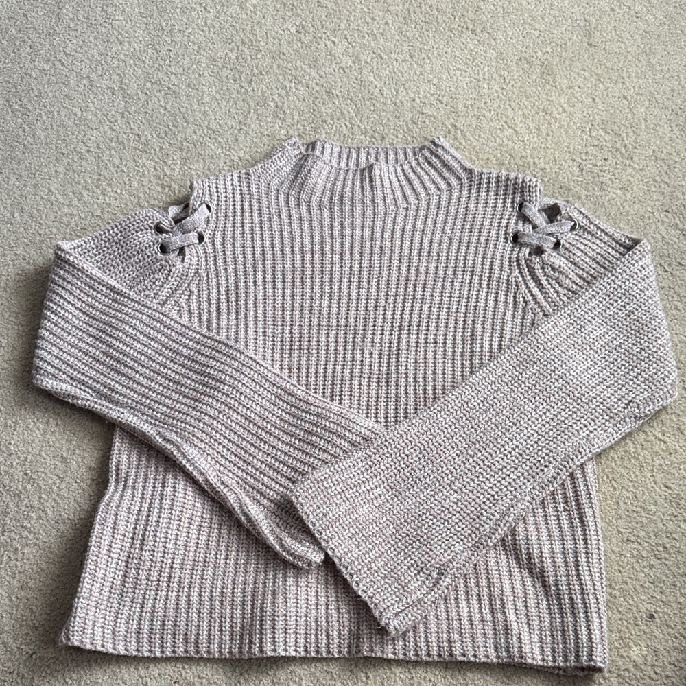 John + Jenn Cream Turtleneck Sweater with Lace-Up Shoulders